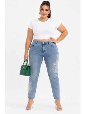 Trieste Wear Büyük Beden Yüksek Bel Çiçek Dantel ve İnci Detaylı Denim Kadın Pantolon