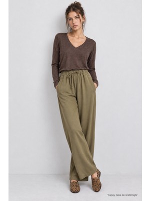 Happiness İstanbul Geniş Paça Mevsimlik Gabardin Pantolon LNZ0003 Haki