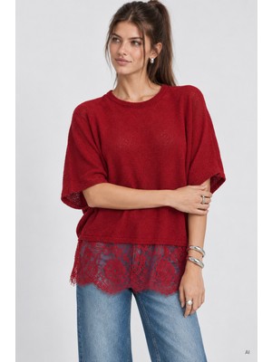 Happiness İstanbul Dantelli Mevsimlik Oversize Triko Bluz 4421 LKİ0074 Kırmızı