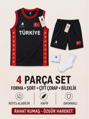 The Raven Yeni Sezon Türkiye Temalı Kırmızı Premium Çocuk Basketbol Forması 4'lü Set Forma Şort Çorap Bileklik