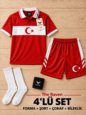 The Raven Türkiye Temalı Premium Çocuk Futbol Forması 4'lü Set Forma Şort Çorap Bileklik