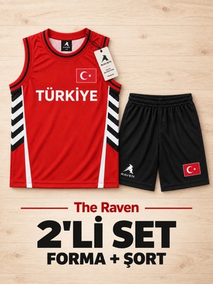 The Raven Yeni Sezon Türkiye Temalı Siyah Premium Çocuk Basketbol Forması 2'li Set Forma Şort