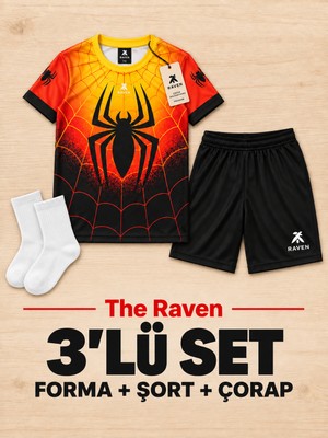 The Raven Örümcek Adam Temalı Turuncu Siyah Çocuk Futbol Forması 3'lü Set Forma Şort Çorap