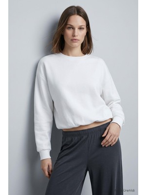 Rays Yarasa Kollu Beli Lastikli  Crop Sweatshirt 979 Ekru