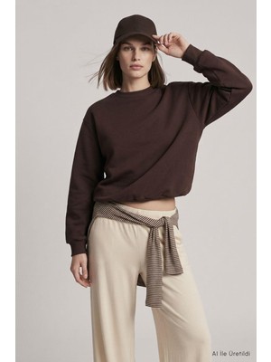 Rays Yarasa Kollu Beli Lastikli  Crop Sweatshirt 979 Kahve