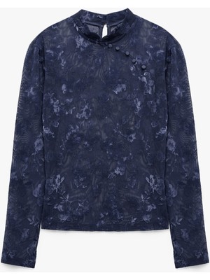 Koton Slim Fit Uzun Kollu Transparan Çiçekli Düğmeli Qipao Tül Tişört
