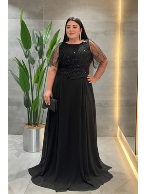 Giyimmasalı Üst Boncuklu Kumaş Alt Şifon Elbise - SİYAH-GYM-41127