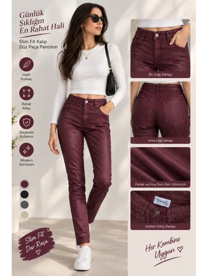 Kadın Bordo Slim Fit Ince Suni Deri Görünümlü Pantolon