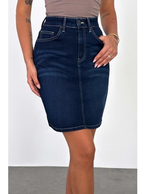 Hlt Jeans Blue Black Kadın Regular Fit Yüksek Bel Orta Boy Denim Kot Etek ALİCE-4010