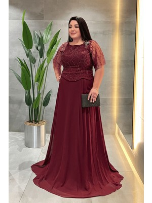 Giyimmasalı Üst Boncuklu Kumaş Alt Şifon Elbise - BORDO-GYM-41127