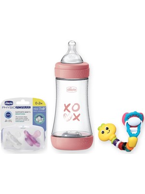 Beslenme Başlangıç Seti 3 Parça: Chicco Biberon + Chicco Emzik + Infantino Emzik Tutucu - Pembe