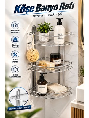 Nzb Köşe Rafı Üç Katlı Krom Banyo Duş Şampuanlık Paslanmaz Metal Duvar Tipi Düzenleyici Organizer