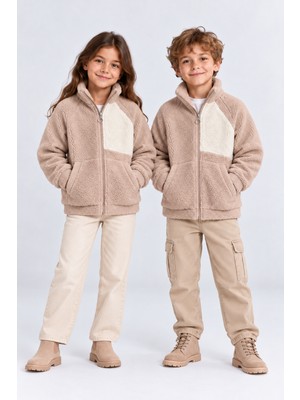Ahengim Kız Erkek Çocuk Peluş Kuzu Mont Unisex Fermuarlı Dik Yaka Sıcak Tutan Çocuk Ceket AK100