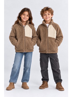 Ahengim Kız Erkek Çocuk Peluş Kuzu Mont Unisex Fermuarlı Dik Yaka Sıcak Tutan Çocuk Ceket AK100