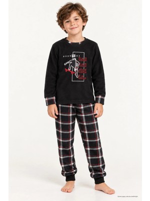 Zekalya Erkek Çocuk Polar Born To Be Free Baskılı Ekose Pijama Takımı