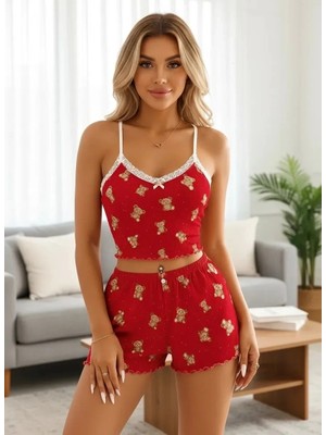 Beruflic Kadın Kırmızı Sevimli Ayıcık Desenli Yazlık Şortlu Pijama Takımı