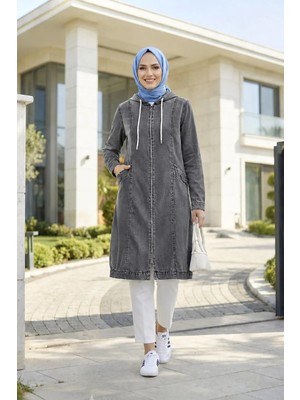 Harma Time Butik Kadın Kapüşonlu Cepli  Fermuarlı Gri  Kot Kap