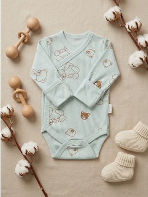 Deniva Unisex Bebek Mint Yeşili Kendinden Eldivenli Ayıcık Desenli Kaşkorse Kruvaze Zıbın Body