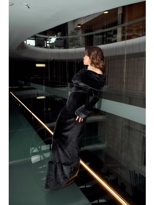 Roupas Collection Kadife Kürk Detay Uzun Elbise