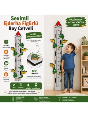 Mupoy_ Ejderha Çocuk Odası Boy Ölçer Sticker'lı Dekota 180X45CM