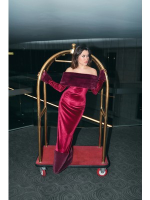 Roupas Collection Kadife Kürk Detay Uzun Elbise