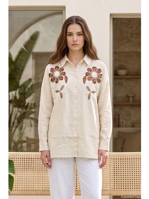 Lale Butik Nakış ve Pul Detaylı Gömlek 17409 BEJ06