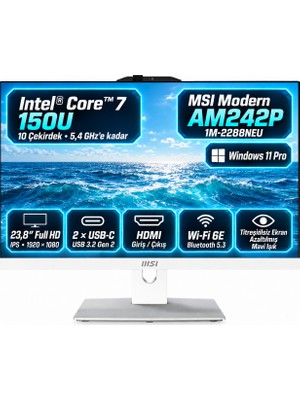 MSI Msı Modern AM242P 1M-2288NEUS10 Intel Core 7 150U 64GB 512GB SSD Windows 11 Pro Beyaz 23.8" All In One Bilgisayar