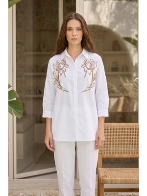 Lale Butik Oversize Nakış ve Pul Detaylı Gömlek 17402 EKRU03