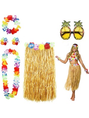 TKÇ Hawaii Parti Kostüm Seti - 60 cm Hasır Etek, Çiçekli Aksesuarlar ve Ananas Gözlük
