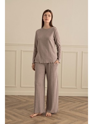 Sevim Kadın Uzun Kol Jakarlı Kahve Pijama Takımı C4T1N181