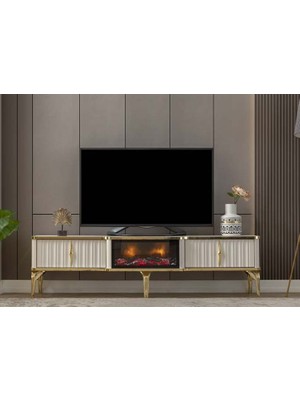 Quattro Home Lucente Elektrikli Şömineli Tv Ünitesi Krem Gold Modern Tasarım 160 cm