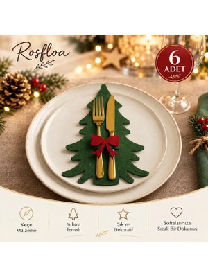 Rosfloa 6 Adet Fiyonklu Çam Ağacı Keçe Peçetelik&Çatal Kaşıklık–Yılbaşı Masa Süsü & Servis Sunum Aksesuarı