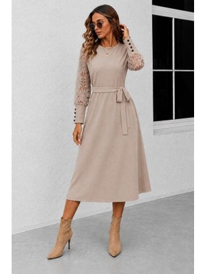Veraura Lifestyle Kadın Uzun Kollu Bisiklet Yaka Belden Kuşaklı Midi Waffle Elbise