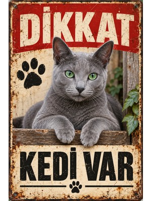 Lucena Russian Blue Dikkat Kedi Var Retro Metal Duvar Tabelası Kedi Dekoru 15X20CM