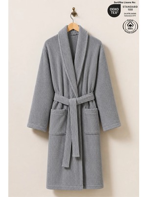 Ellaline Gri Çizgili Bornoz %100 Sertifikalı Pamuk Şal Yaka Unisex Banyo Bornoz / Sabahlık 340 Gr/m2