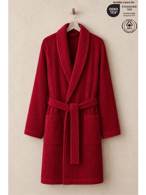 Ellaline Bordo Çizgili Bornoz %100 Sertifikalı Pamuk Şal Yaka Unisex Banyo Bornoz / Sabahlık 340 Gr/m2