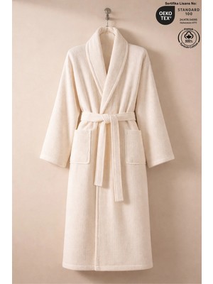Ellaline Çizgili Bornoz %100 Sertifikalı Pamuk Şal Yaka Unisex Banyo Bornoz / Sabahlık 340 Gr/m2 Krem Renk