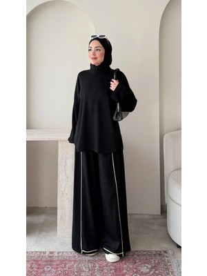 RFK Butik Kadın Oys.ho Biye Detaylı Tunik Pantolonlu Tesettür Takım - Siyah