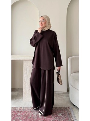 RFK Butik Kadın Oys.ho Biye Detaylı Tunik Pantolonlu Tesettür Takım - Kahverengi