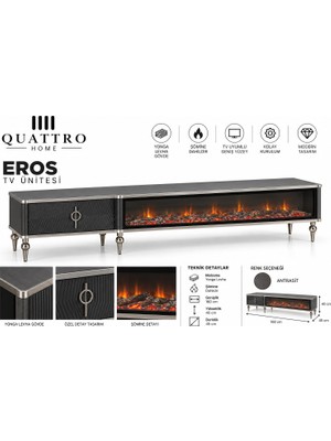 Quattro Home Eros Elektrikli Şömineli Tv Ünitesi Antrasit Gümüş Detaylı Modern Tasarım 160 cm
