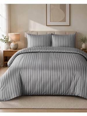 Nevora Çift Kişilik Koyu Gri Çizgili Saten Nevresim Takımı 200X220 cm Lastikli Çarşaf 160X200+30 cm 2 Adet 50X70 Yastık Kılıfı
