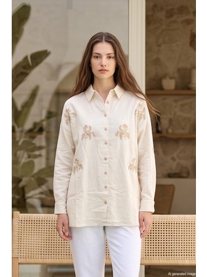 Lale Butik Taş Detaylı Çiçek Desenli Gömlek 17036 BEJ05