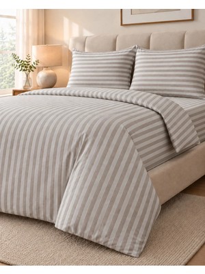 Nevora Çift Kişilik Saten Nevresim Takımı %80 Pamuk %20 Polyester 4 Parça Çizgili Kahve