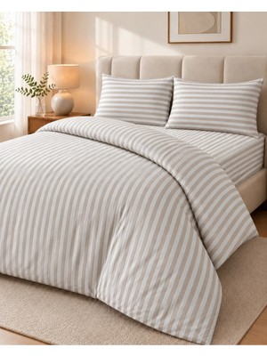 Nevora Çift Kişilik Saten Nevresim Takımı %80 Pamuk %20 Polyester 4 Parça Çizgili Açık Kahve