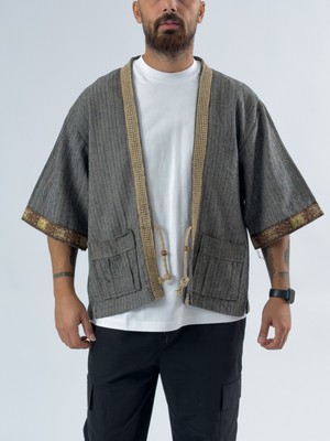 Cocopelli Hasır Detaylı Tasarım Siyah Beyaz Erkek Kimono COC3447