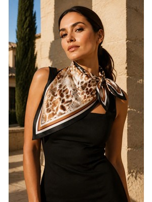 Dscarf Kadın Leopar Desenli Saten Fular 70X70 cm - Bele ve Omza Bağlamalı Leopar Fular