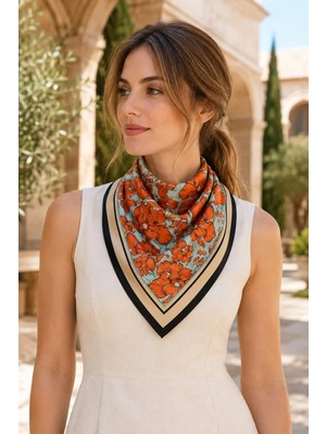 Dscarf Kanın Mercan Çiçekli Turkuaz Saten Fular - Modern Botanik Desenli, Siyah Çerçeveli