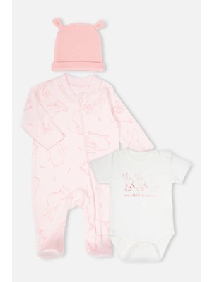 Bebetto Interlok Patikli Tulum Set 3lü (Rabbıt And Carrots) Pembe