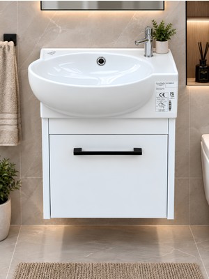 Turkuaz Lavabolu 28X45 cm Mini Banyo Dolabı Soft Beyaz