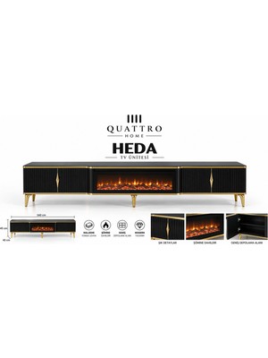 Quattro Home Heda Elektrikli Şömineli Tv Ünitesi Siyah Gold Modern Tasarım 160 cm